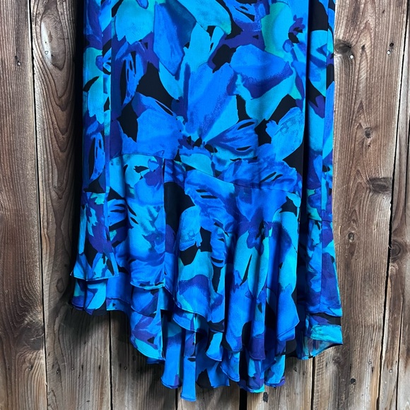 Chico’s 100% Silk Elegant Watercolor Blue Teal Floral Ruffle Maxi Dress Sz Large - Picture 7 of 11